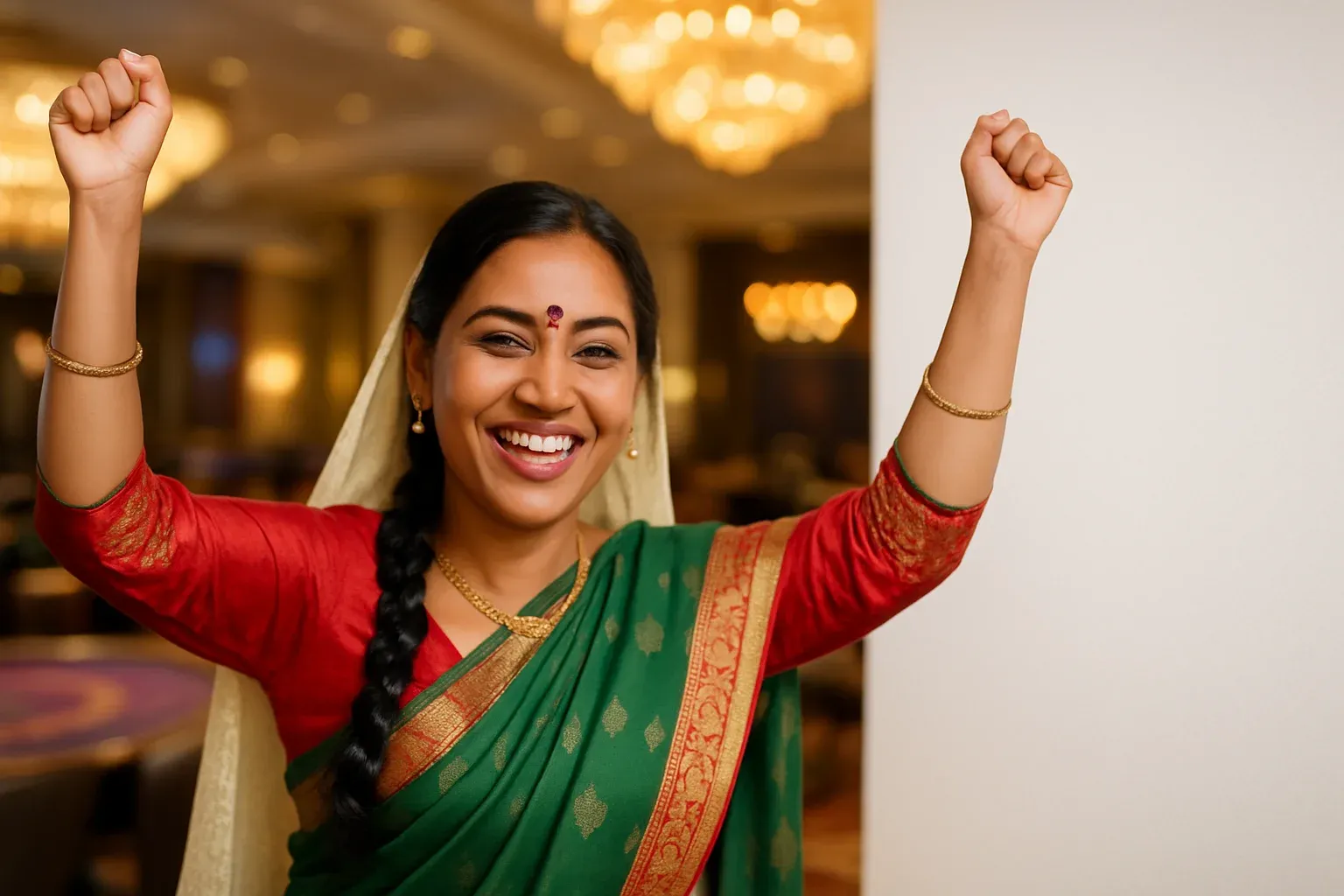 Joyful Bangladeshi woman in traditional attire celebrating in casino VIP lounge