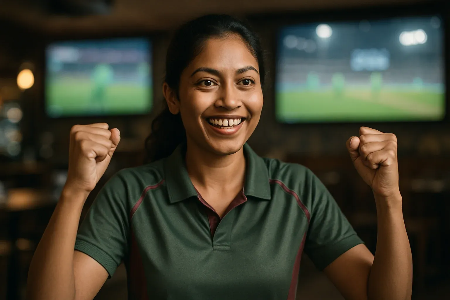 Enthusiastic Bangladeshi woman in cricket jersey celebrating with raised fists