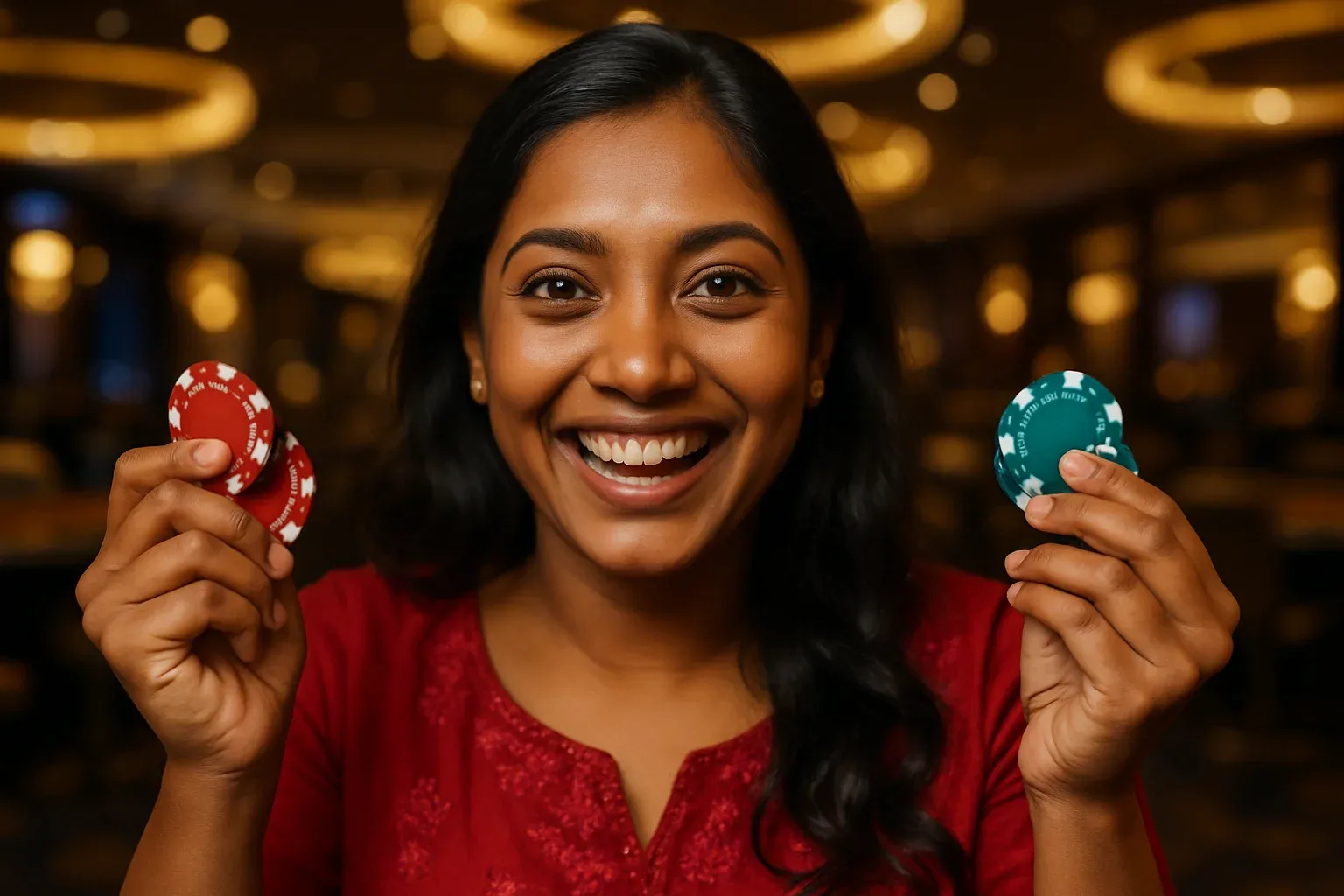 Joyful Bangladeshi woman holding casino chips in VIP lounge