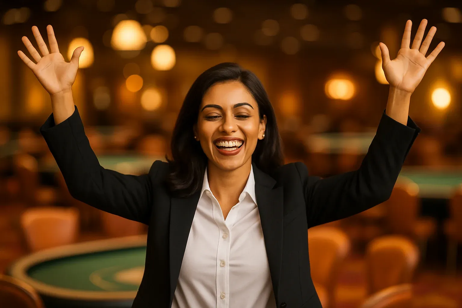 Elegant Bangladeshi businesswoman celebrating with raised arms in casino lounge