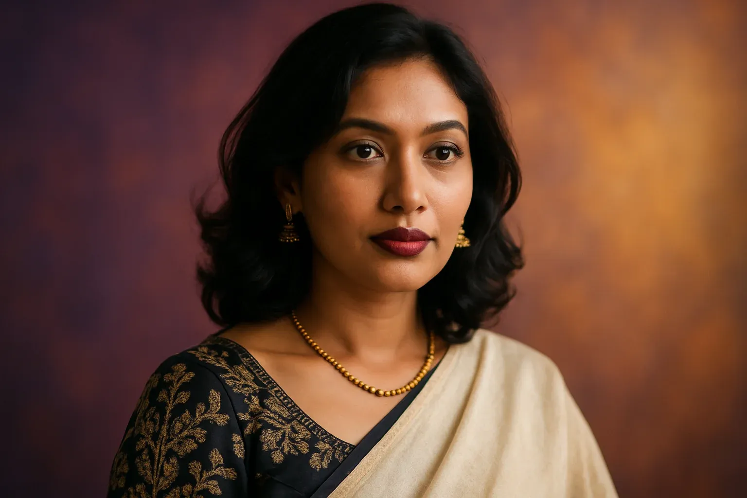 High-resolution portrait of stylish Bangladeshi woman on purple and gold gradient background