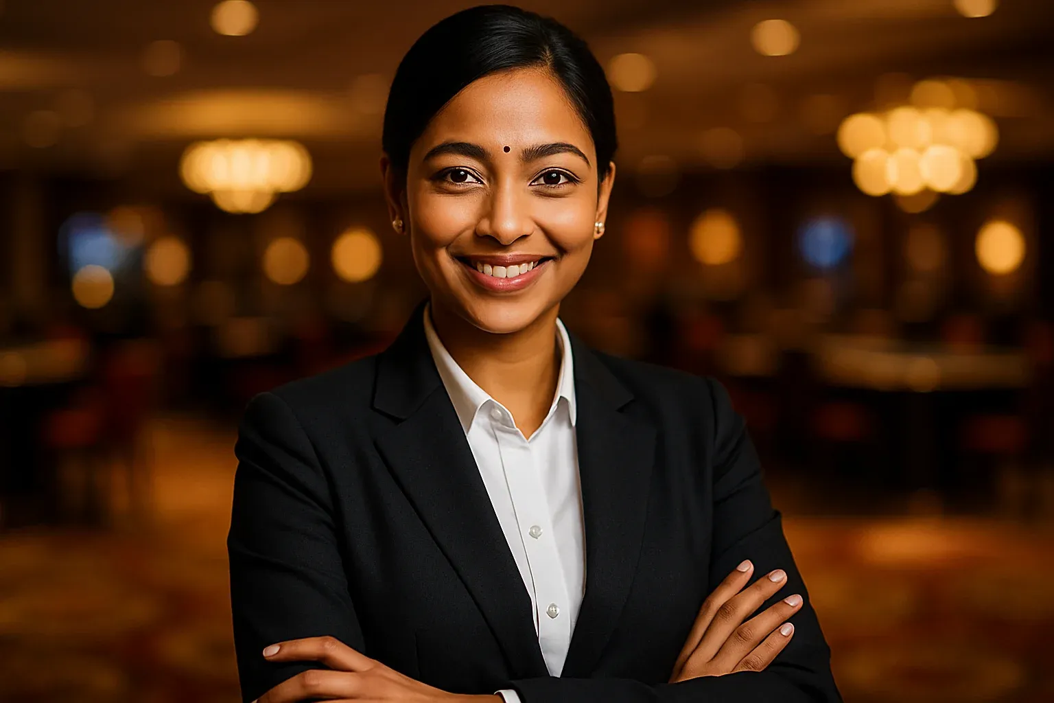 Elegant Bangladeshi woman in business attire smiling in warm casino studio bokeh