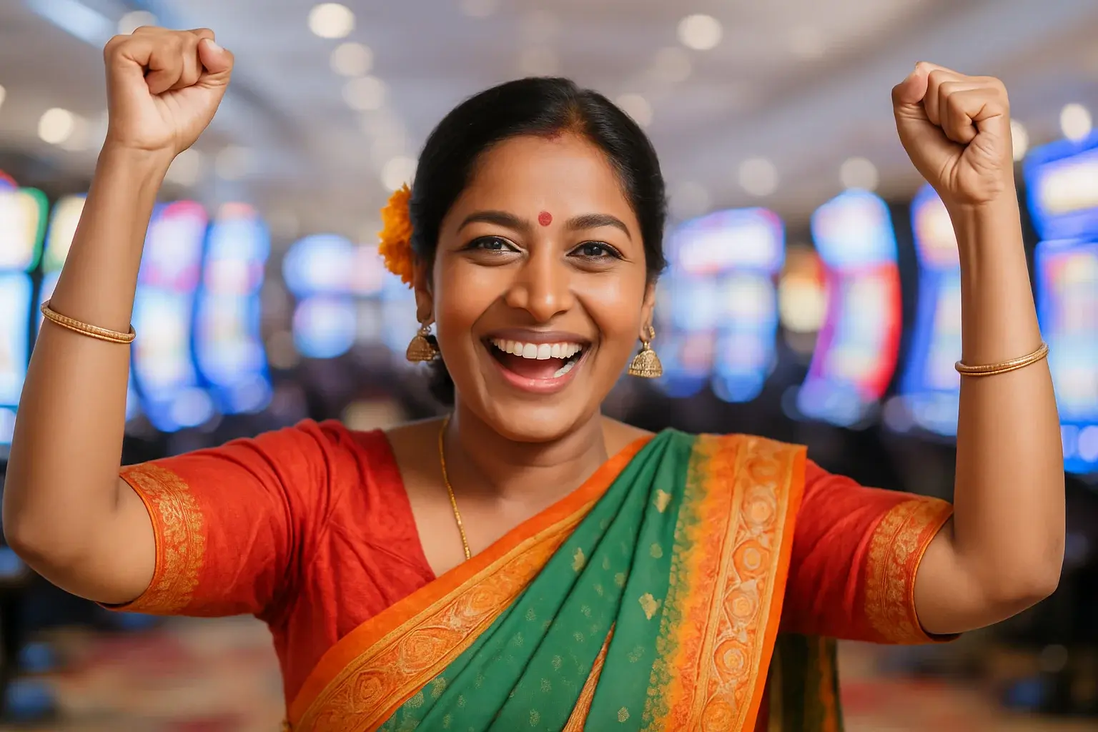 Excited Bangladeshi woman celebrating with raised arms on blurred casino slot floor